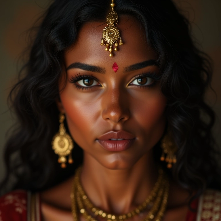 Acessórios complementando a maquiagem indiana em mulher brasileira.