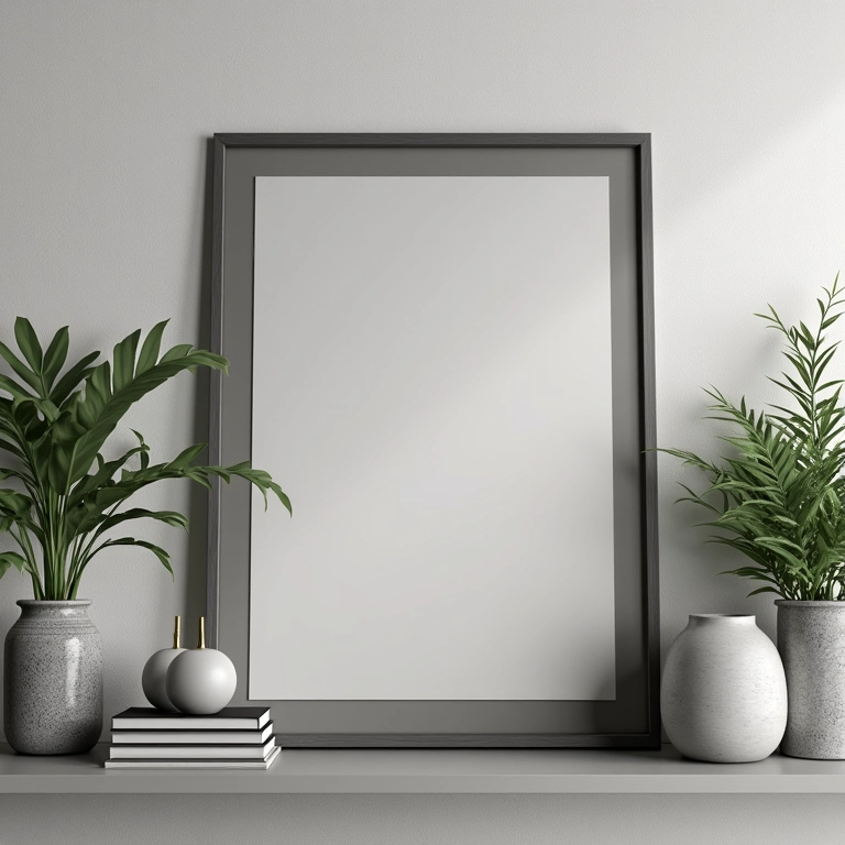 Acessórios decorativos cinzas em prateleira.