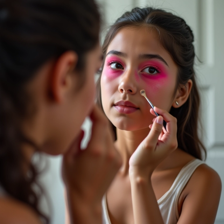 Adolescente aplicando sombra neon rosa.