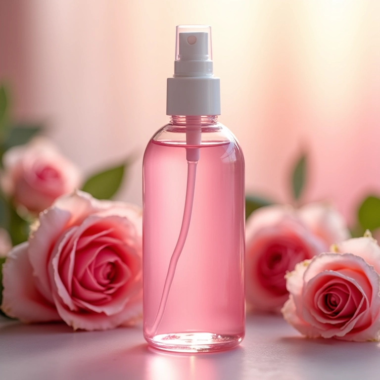 Água de rosas em um frasco de spray com rosas ao fundo.