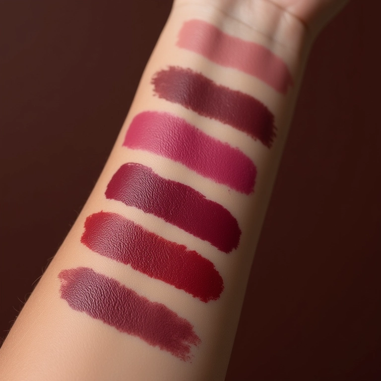 Amostras de batons escuros em diferentes tons.