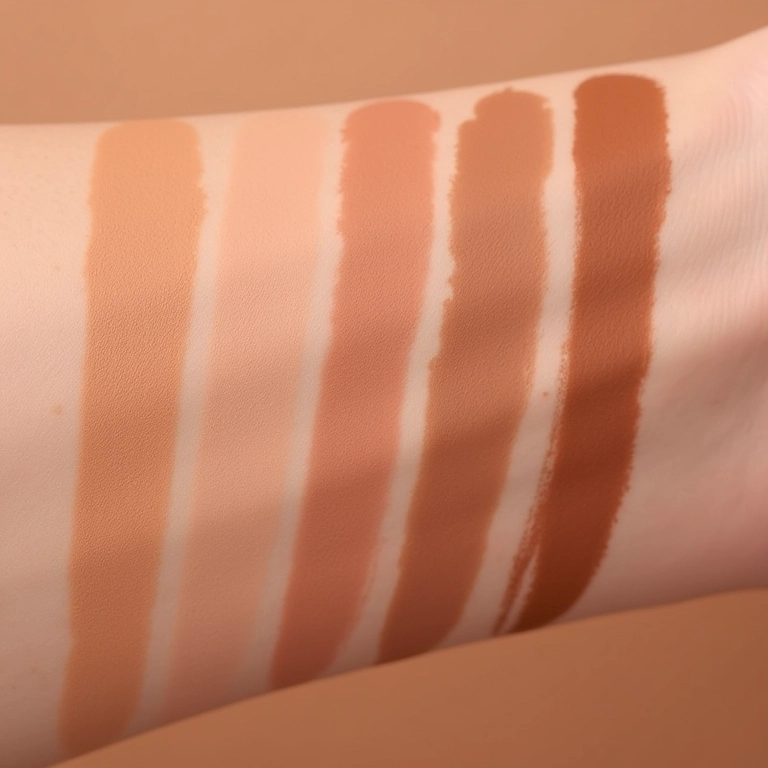 Amostras de bronzer frio em diferentes texturas sobre pele clara.