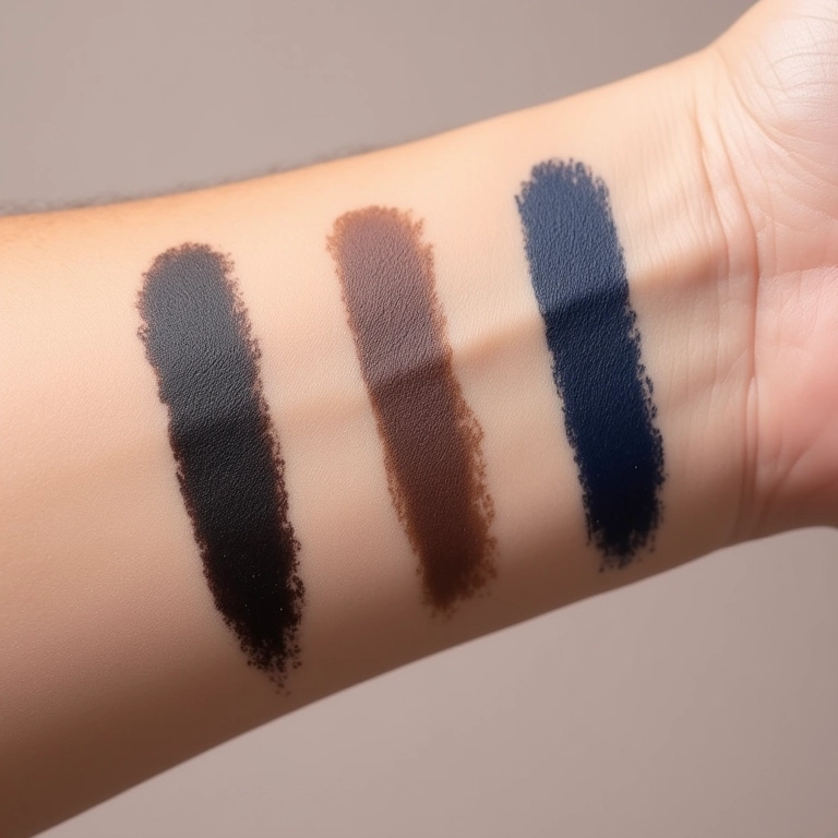 Amostras de diferentes cores de máscara para cílios (preto, marrom, azul marinho) em um braço de pele clara.