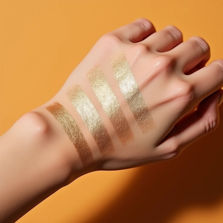 Amostras de iluminador dourado exibindo texturas e acabamentos variados.