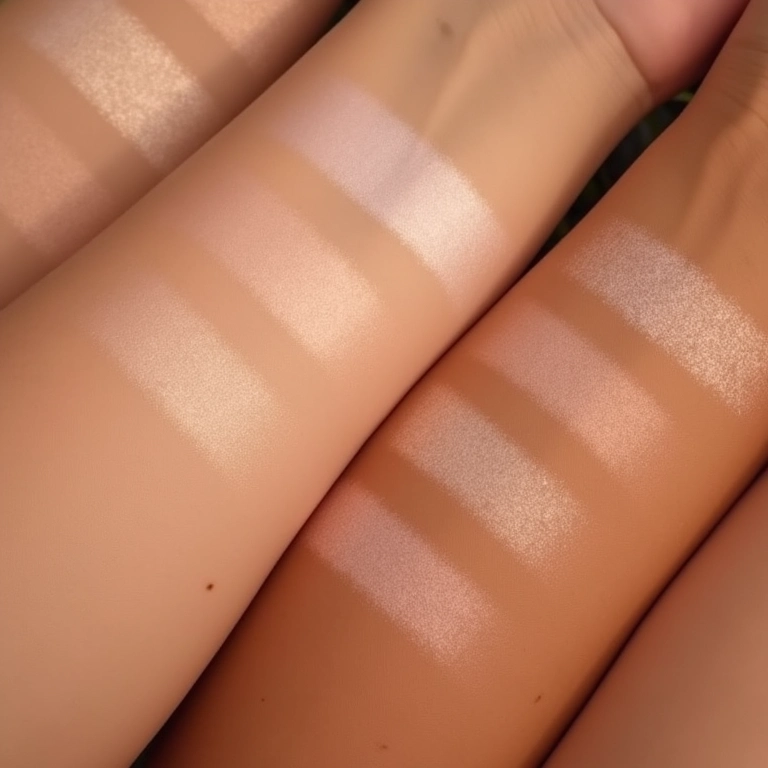 Amostras de iluminador marmorizado em diferentes tons de pele.