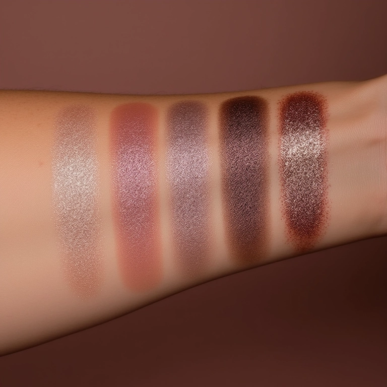 Amostras de sombras com glitter em diferentes tons de pele.