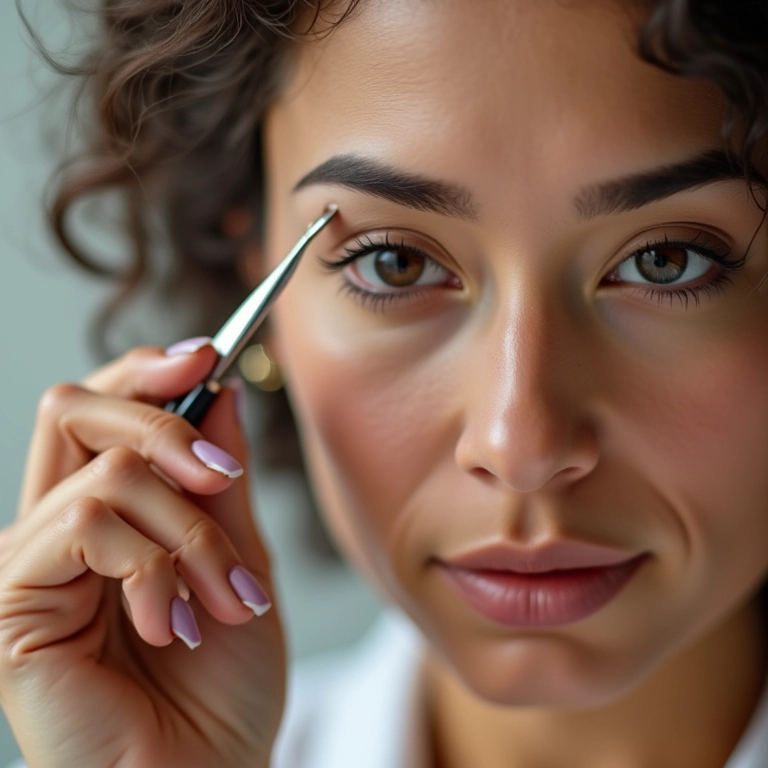 Aparando os pelos da sobrancelha com tesoura.