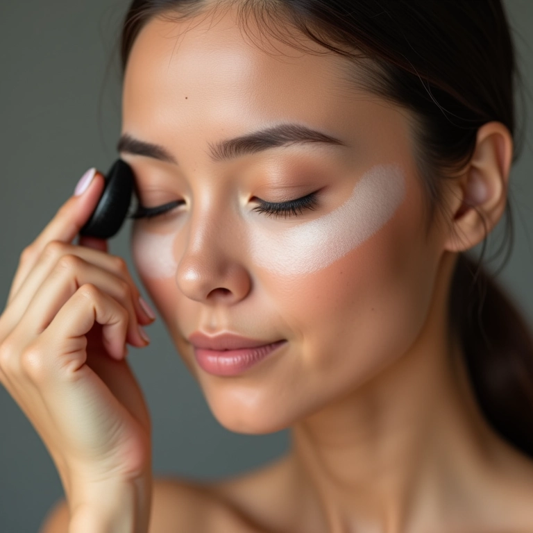 Aplicação cuidadosa de pó fixador na área dos olhos.