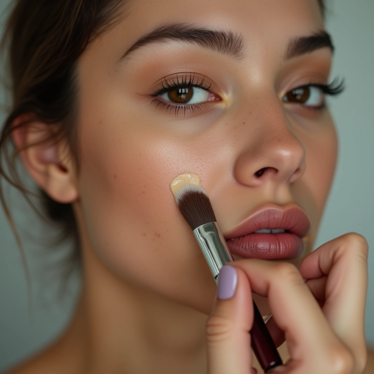 Aplicação da base em gotas com pincel, mostrando a técnica.