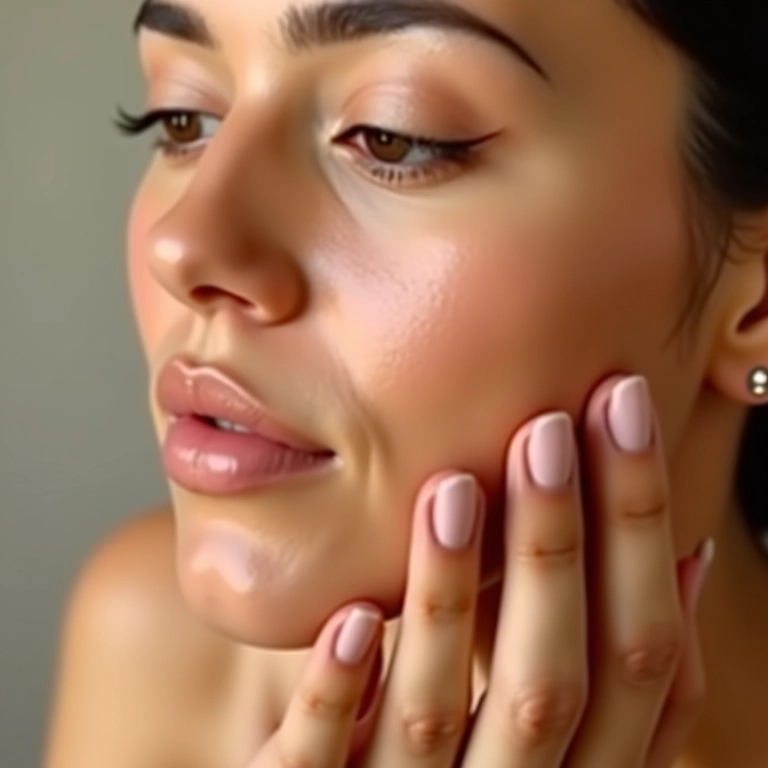 Aplicação de base com niacinamida, mostrando a hidratação da pele.