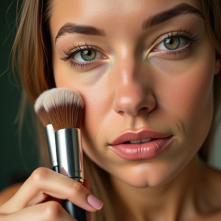 Aplicação de base líquida no rosto com pincel.