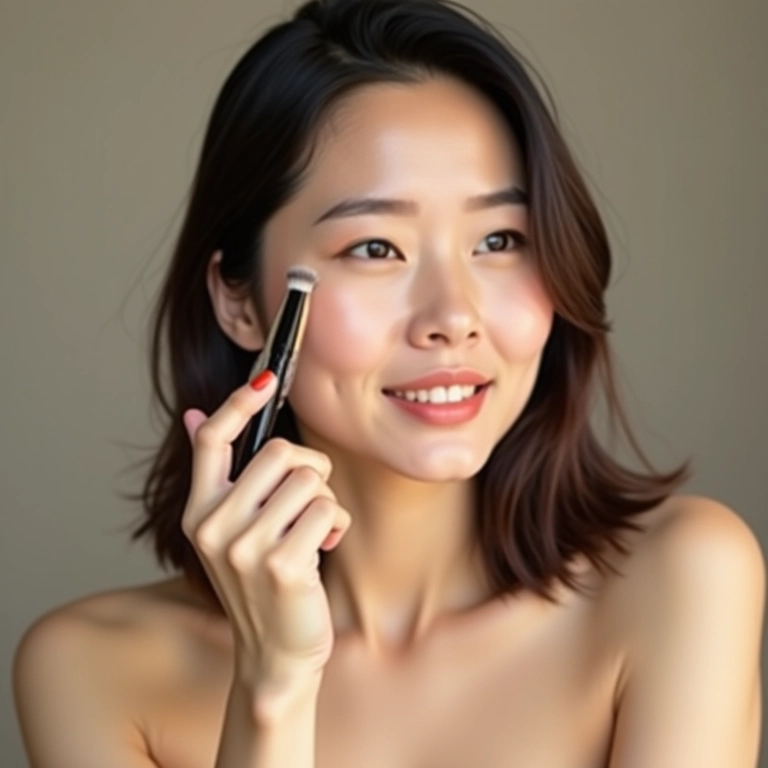 Aplicação de base por mulher oriental para uniformizar a pele.