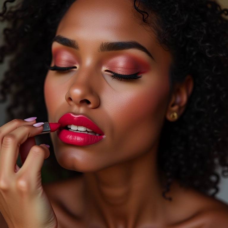 Aplicação de batom para finalizar a maquiagem.