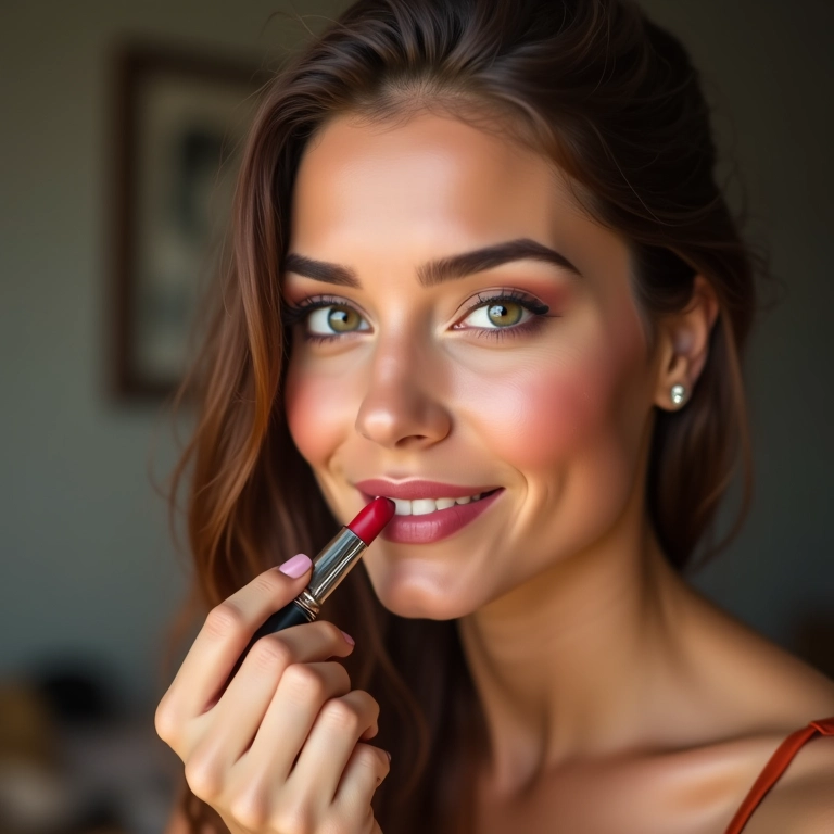 Aplicação de batom para realçar os lábios com cor e vida.