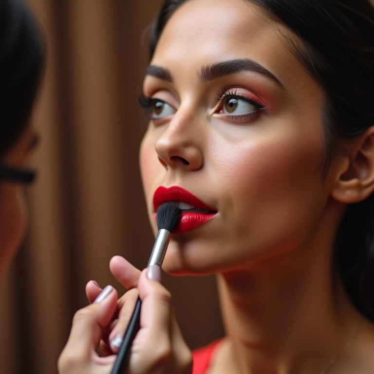 Aplicação de batom vermelho com pincel para maior precisão.