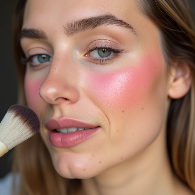 Aplicação de blush com efeito lifting em uma mulher.