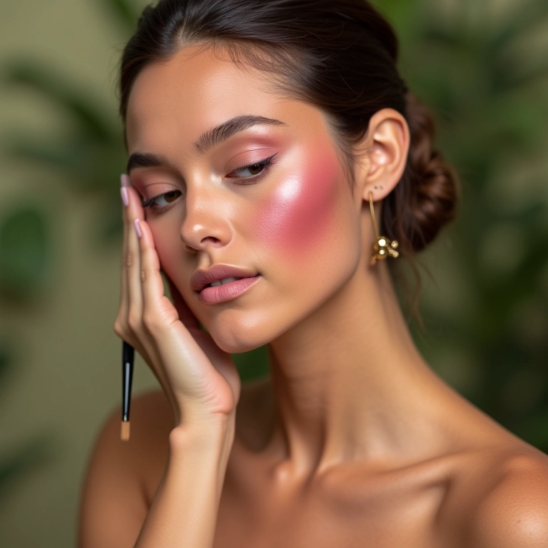 Aplicação de blush com pincel para um toque de cor natural.