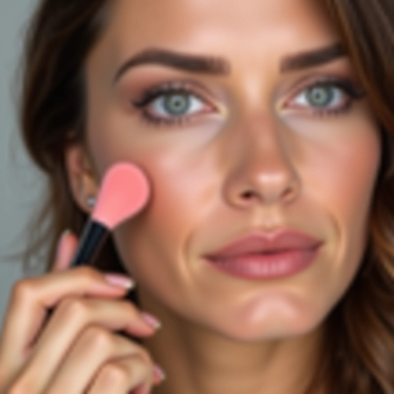 Aplicação de blush e iluminador em pó.