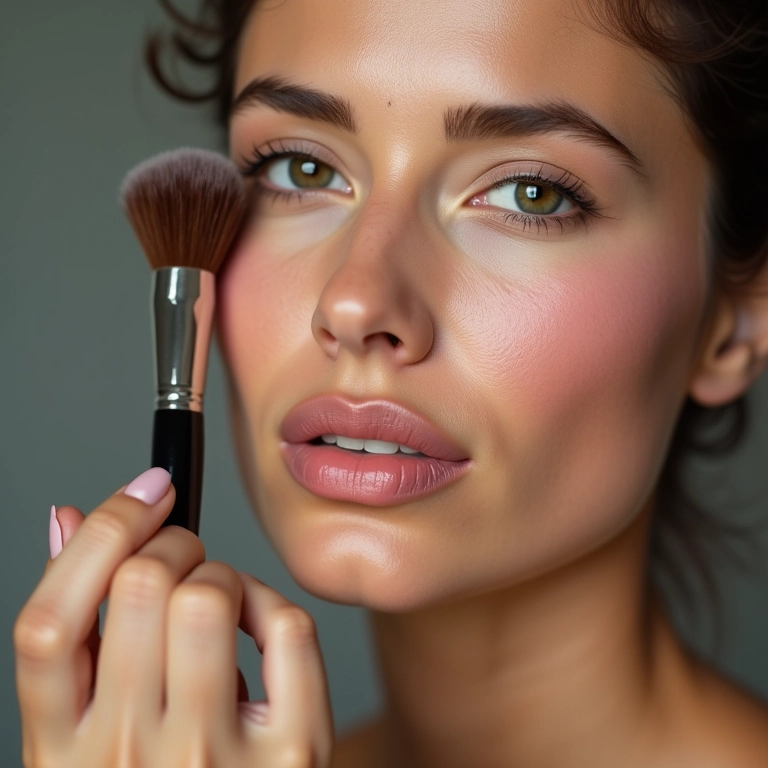Aplicação de blush em pó com pincel profissional.