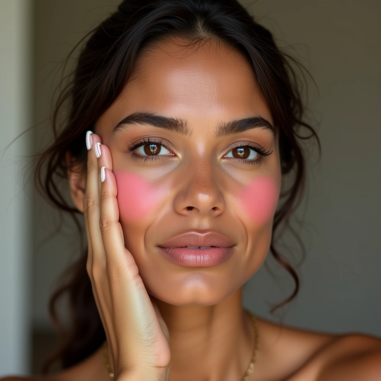 Aplicação de blush nas maçãs do rosto em direção às têmporas.