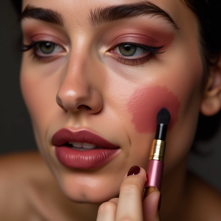 Aplicação de blush vinho em rosto feminino, maquiagem de inverno.