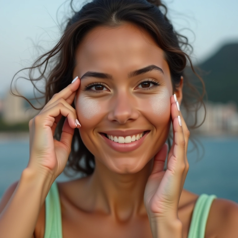 Aplicação de corretivo de chá verde com FPS para proteção solar.