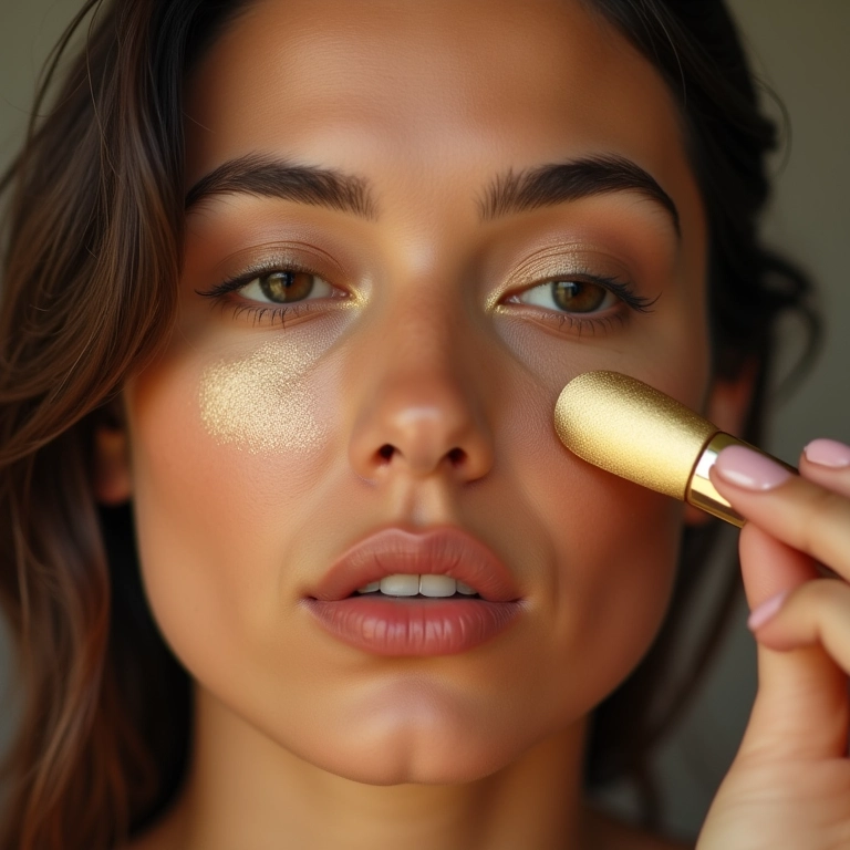 Aplicação de iluminador dourado nos pontos estratégicos do rosto.