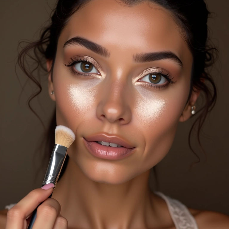 Aplicação de iluminador em pó para um brilho intenso nas maçãs do rosto.