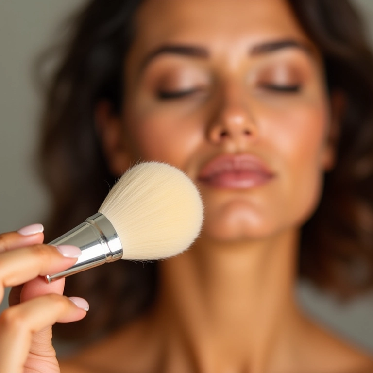Aplicação de iluminador em pó solto para um brilho intenso e natural na pele.