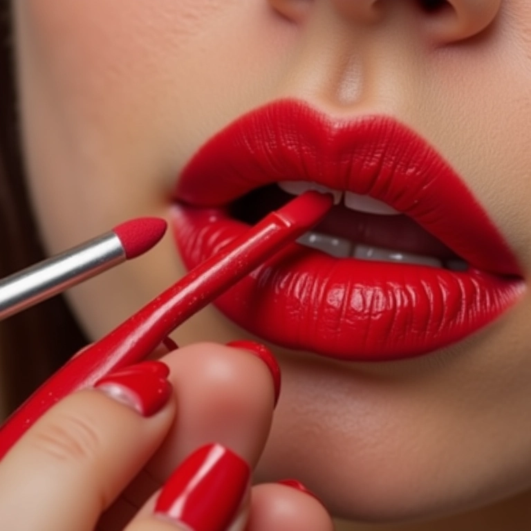 Aplicação de lápis labial vermelho para definir o contorno dos lábios.