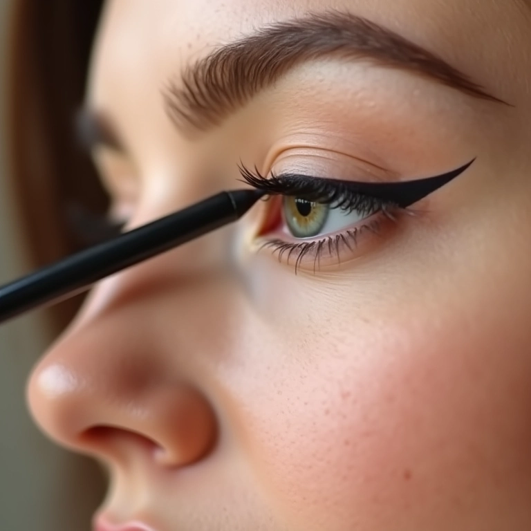 Aplicação de lápis nude na linha d'água do olho.