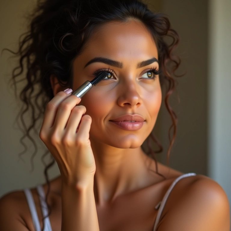 Aplicação de máscara de cílios focando nos cílios superiores externos.