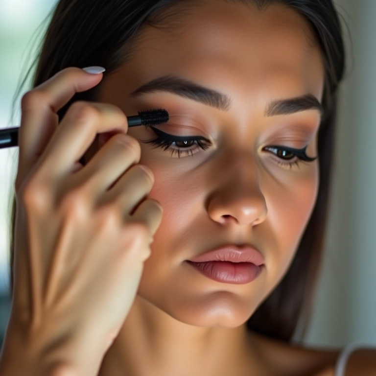 Aplicação de máscara de cílios para alongar e definir os cílios.