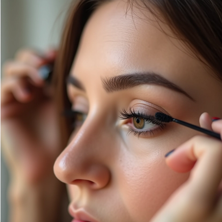 Aplicação de máscara de cílios para finalizar a maquiagem esfumada.