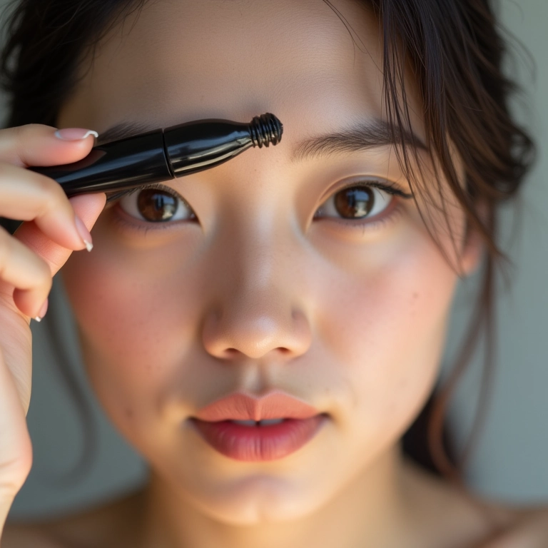 Aplicação de máscara de cílios por mulher oriental.