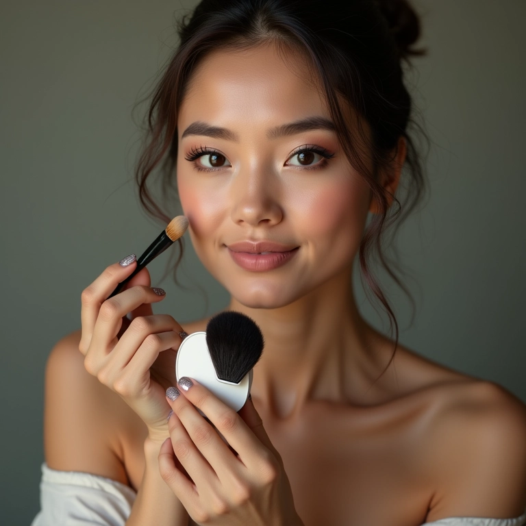 Aplicação de pó compacto para selar a maquiagem e controlar o brilho.