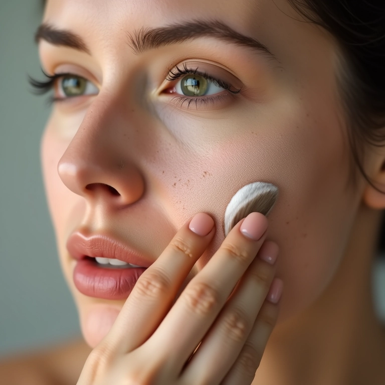 Aplicação de pó facial hidratante em pele seca.