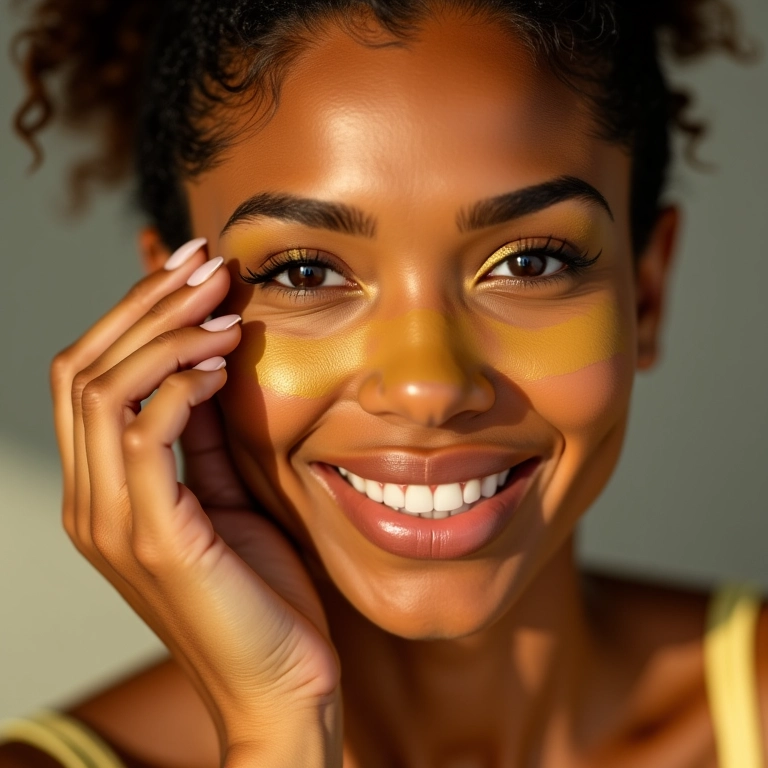 Aplicação de pó finalizador amarelo em pele morena.