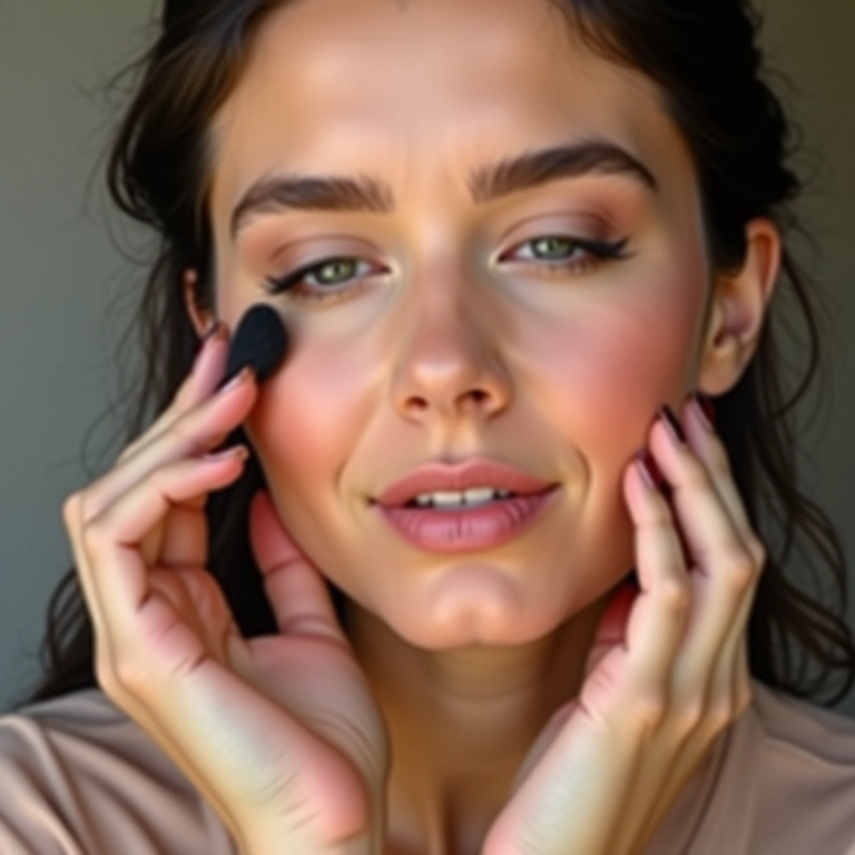 Aplicação de pó fixador após blush e contorno.