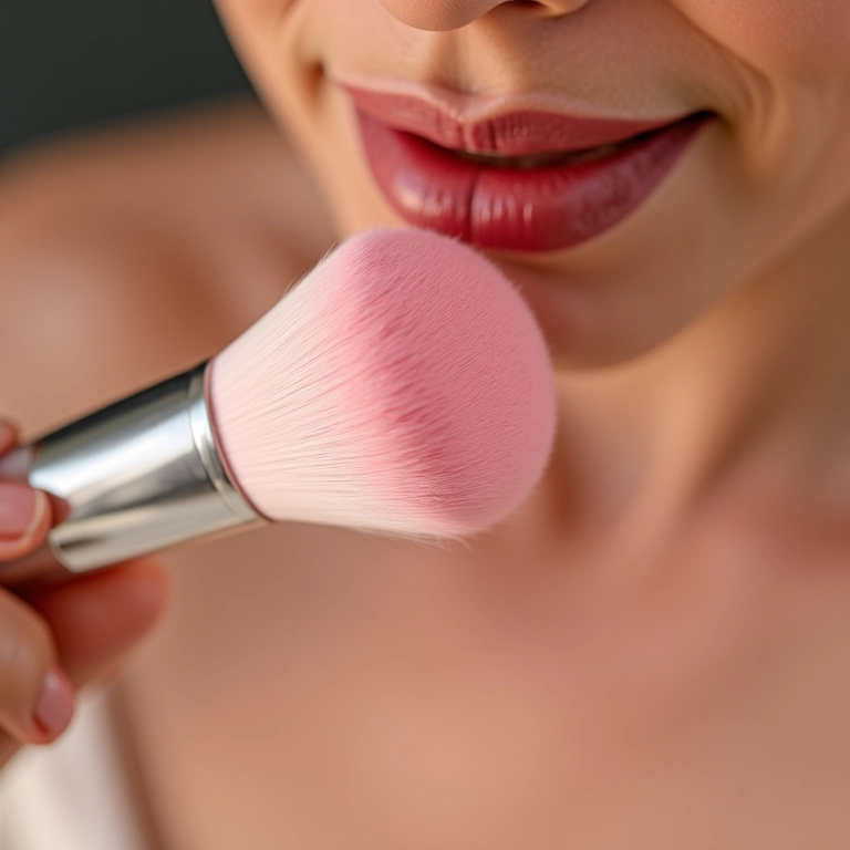 Aplicação de pó solto rosa para um efeito iluminado e saudável.