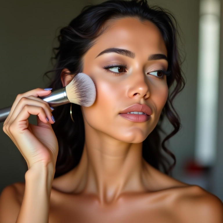 Aplicação de pó translúcido para selar a maquiagem.