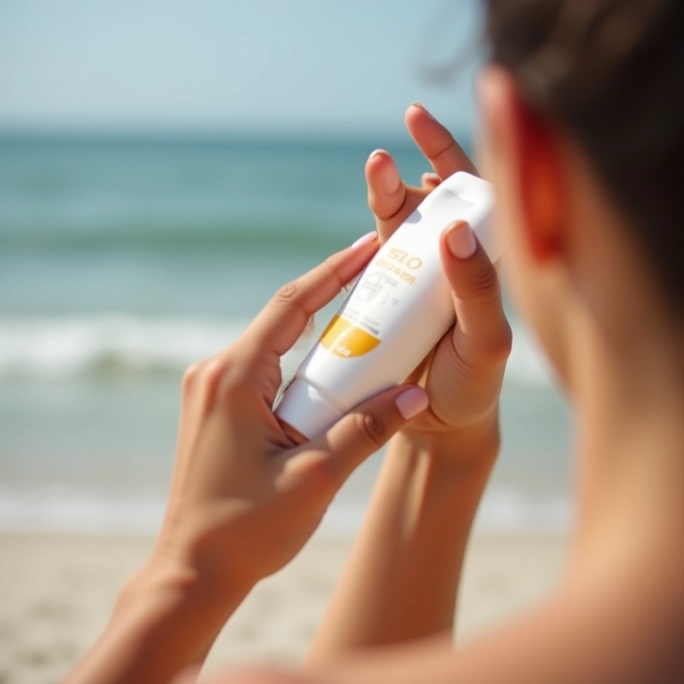 Aplicação de protetor solar em bisnaga na praia