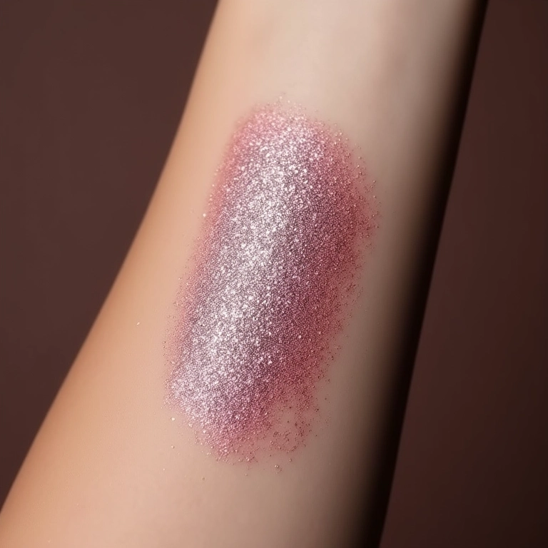 Aplicação de sombra com glitter mostrando alta pigmentação.