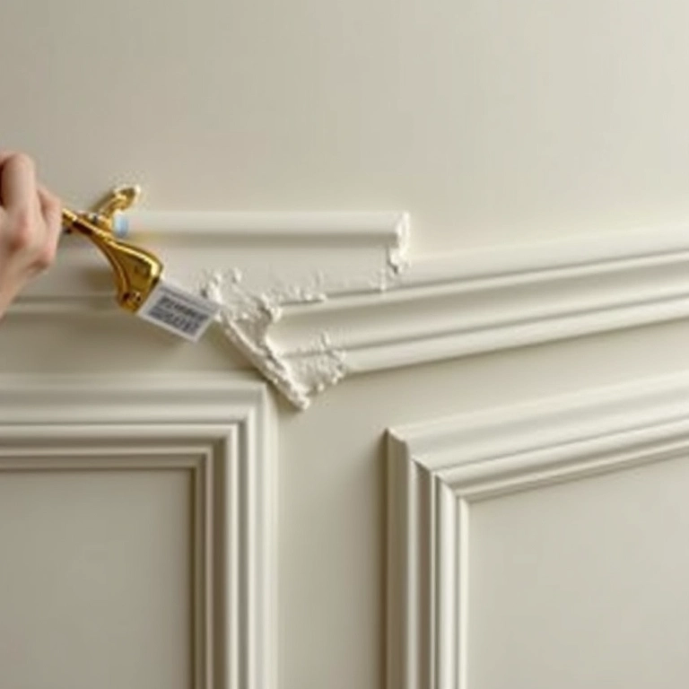 Aplicação de tinta acetinada em paredes e detalhes decorativos, close-up.