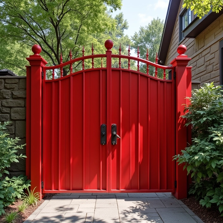 Aplicação de tinta primer vermelha em portões e grades de ferro.