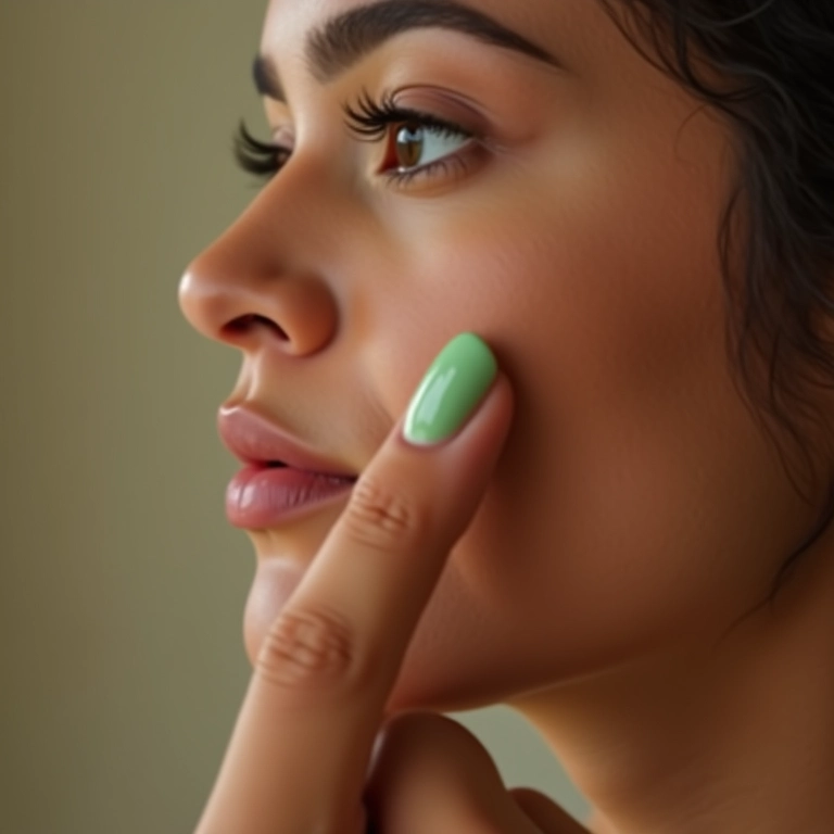 Aplicação delicada de uma pequena quantidade de corretivo verde na bochecha.
