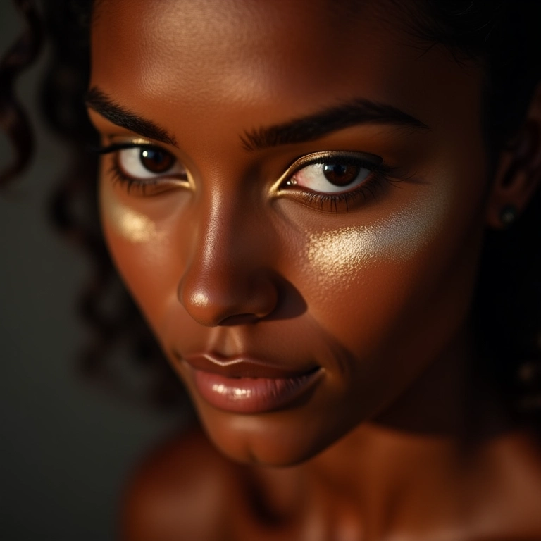 Aplicação estratégica de iluminador duochrome nas maçãs do rosto.