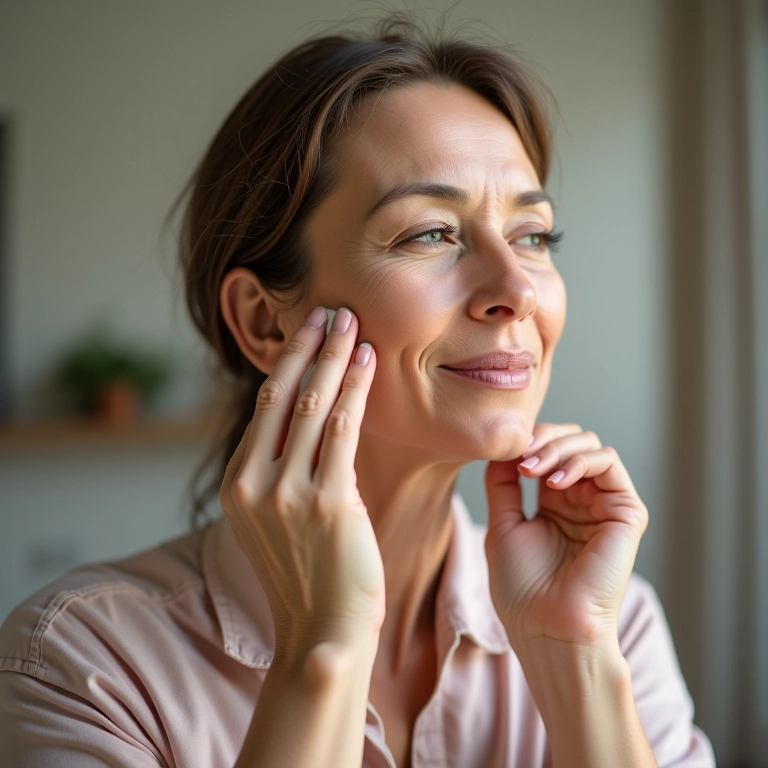 Aplicação minimalista de pó facial em pele madura.