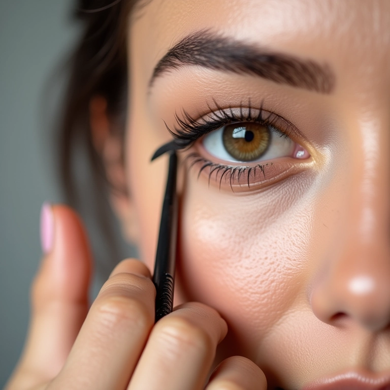 Aplicação precisa de delineador em gel com pincel fino.