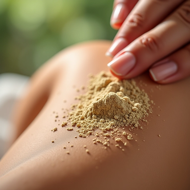 Aplicação suave de pó de bambu em pele irritada para alívio.
